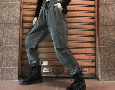 工装裤女bf风宽松束脚ulzzang口袋直...