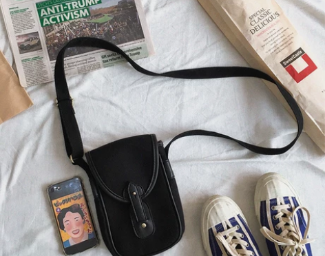 奶兔星球-自制 复古单肩斜跨黑色小号帆布工...