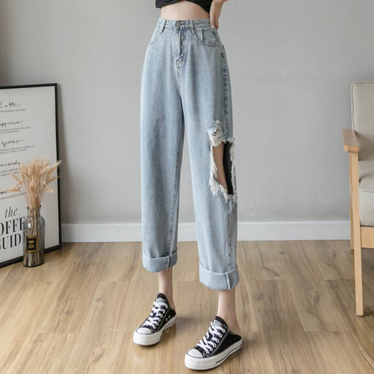 破洞九分牛仔裤女夏季2021新款高腰显瘦直...