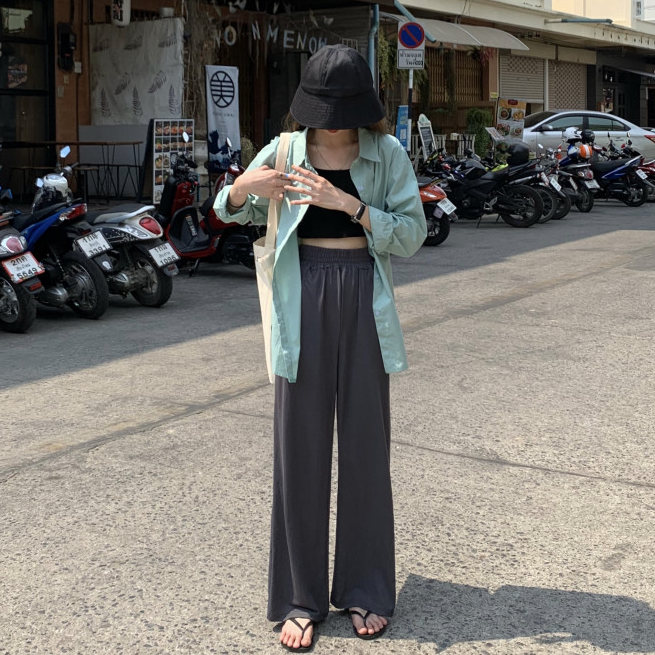 2019夏季新款垂坠感高腰阔腿裤韩版纯色松...