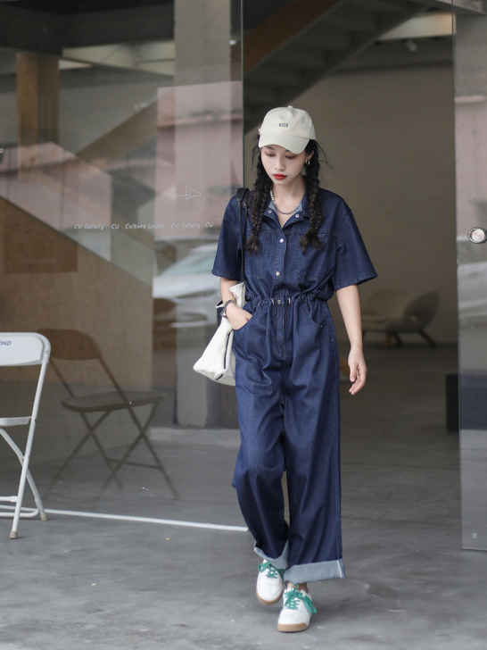 时差 夏季薄款工装连体裤装女潮帅气韩版牛仔...