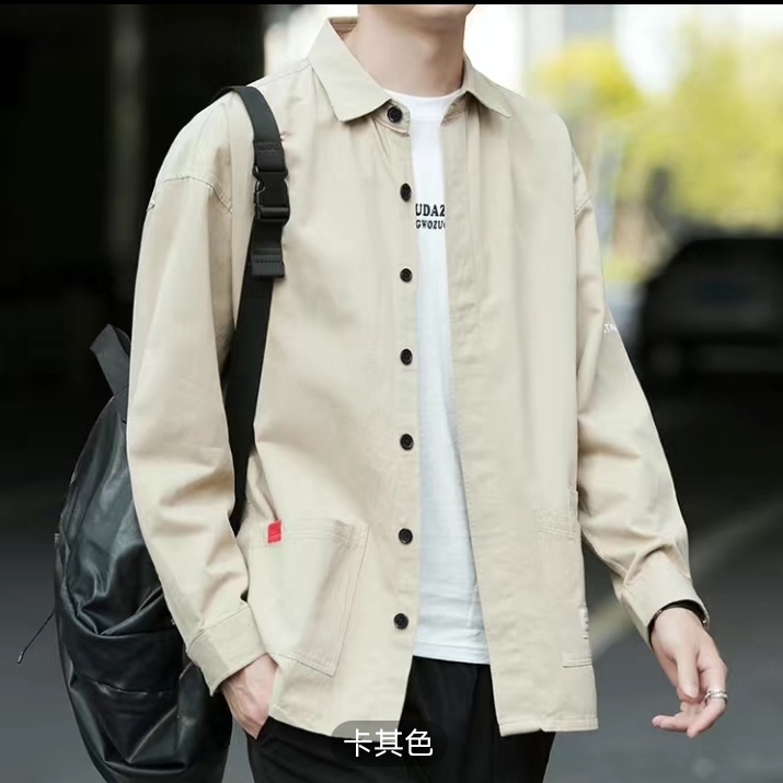 男士长袖工装衬衫秋季新款港风休闲长袖衬衫纯...