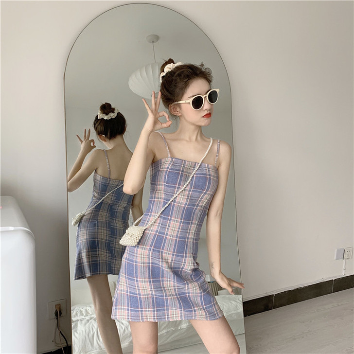 全新法式初恋小吊带连衣裙格子仙女超仙甜美#...