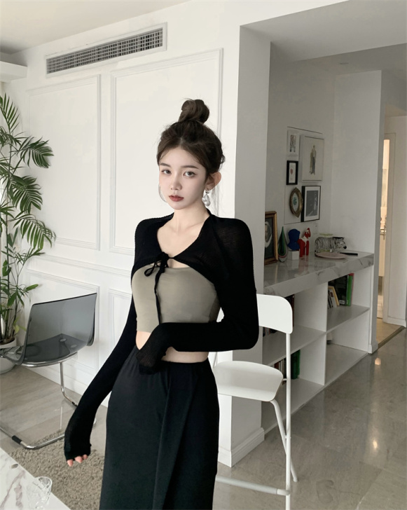 针织衫女修身黑色系带小开衫外套2021年秋...