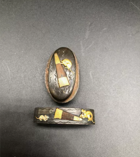 日本回流 武士金工装具 缘头 金铜象嵌鼠伞...