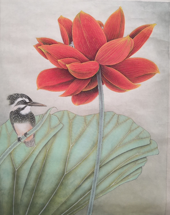 国画，工笔荷花翠鸟有意者点我想要