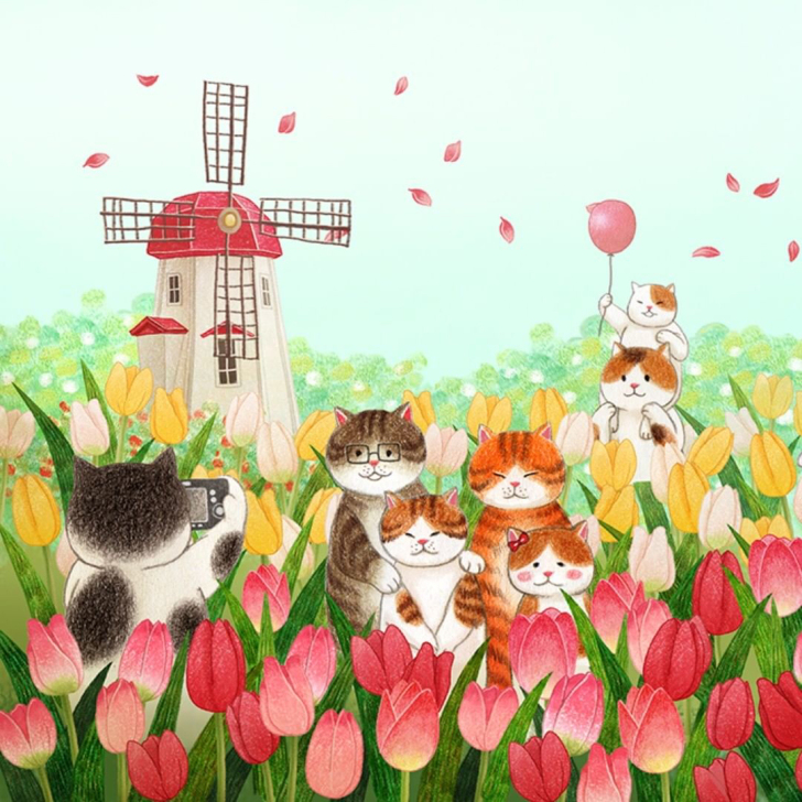 手绘可爱萌系猫咪彩铅绘画参考临摹素材场景设...