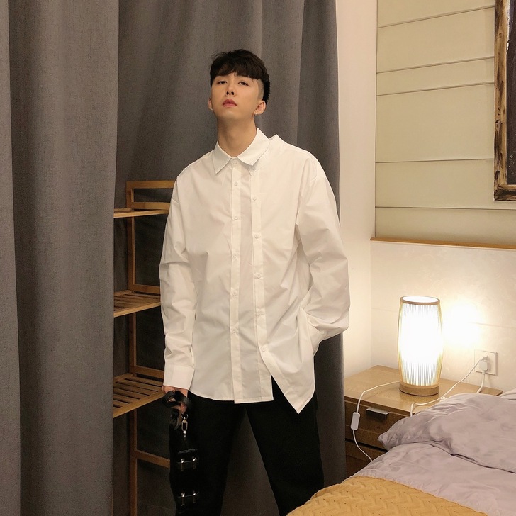 个性不规则衬衣男士韩版纯色衬衫潮流帅气宽松...