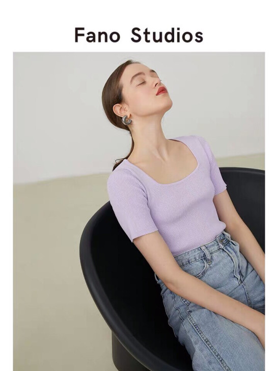 夏季方领香芋紫方领冰丝显瘦修身优雅短袖针织...