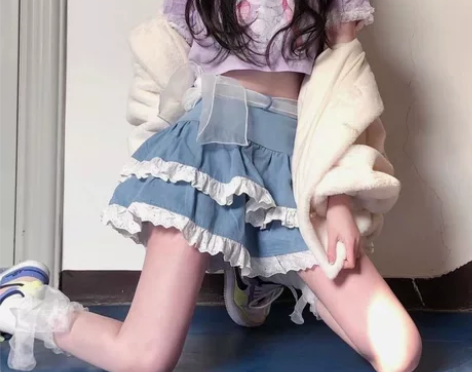 夏季蕾丝牛仔半身短裙高腰蓬蓬裙可爱女学生辣...