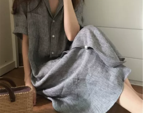 韩国chic风翻领条纹宽松中长款短袖衬衫棉...