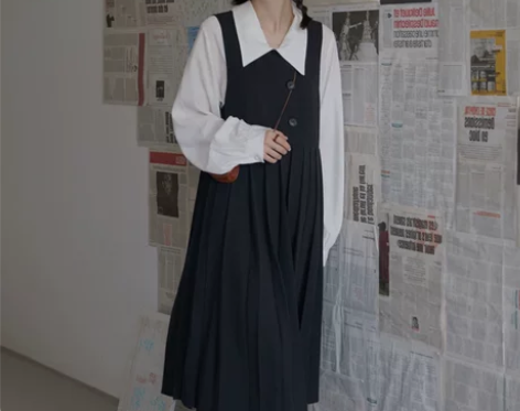 学院风日系连衣裙春季黑色百褶裙子学生背心裙...