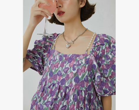 杨二大梦原创裙子女夏季新款法式紫色郁金香复...