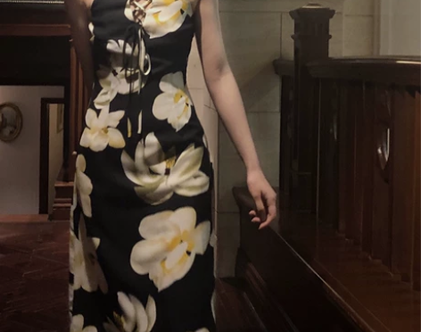 JoeandJoy优雅油画感印花复古吊带裙...