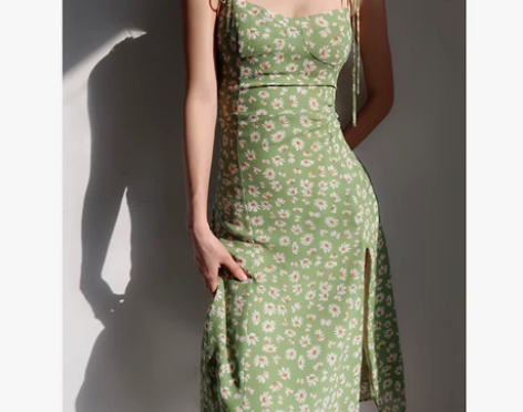 法式修身性感侧开叉连衣裙复古绿色小雏菊度假...