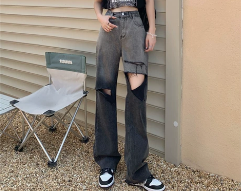 渐变色破洞牛仔裤女宽松设计感高腰阔腿裤直筒...