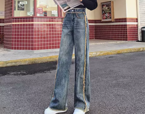 镶边高腰阔腿牛仔裤女春秋2022年新款直筒...