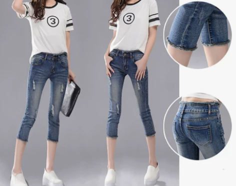 破洞七分牛仔裤女春夏装2017新款高腰显瘦...