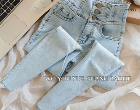 小清新蓝白色高腰弹力九分牛仔裤女洋气202...