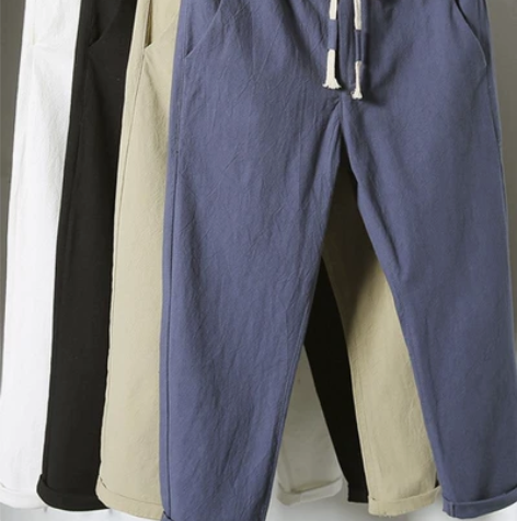 全新亚麻9九分裤男宽松运动直筒裤棉麻裤八分...
