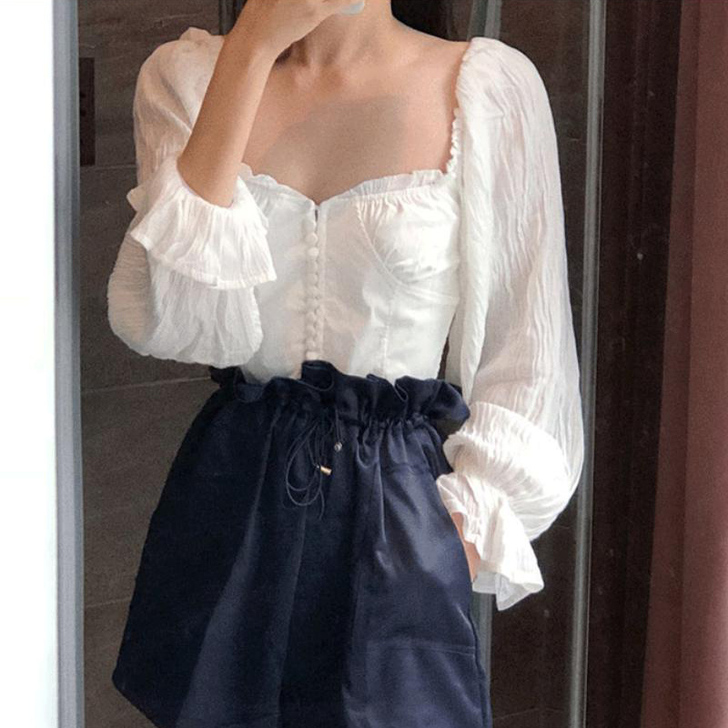 白色雪纺衬衫女新款设计感小众长袖方领一字肩...