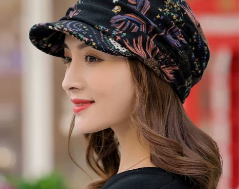 民族风碎花帽子女韩版春秋休闲鸭舌帽秋冬季褶...