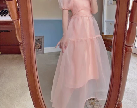 欧根纱仙女中长款温柔风甜美夏季新款收腰网纱...