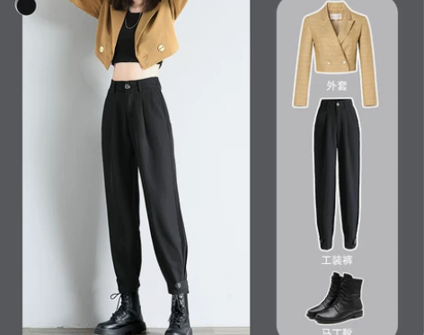 黑色工装裤女宽松束脚裤秋2020新款高腰灯...