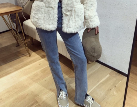 大码裤脚开叉牛仔裤女2020年新款直筒修身...