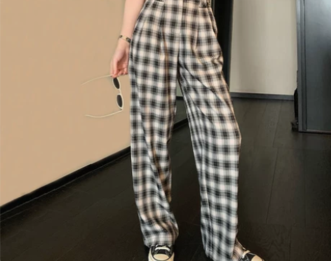 网红黑白格子阔腿裤女夏季薄款高腰直筒垂感显...