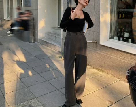 午后商店◆毛呢高腰直筒宽松休闲西装裤女春季...