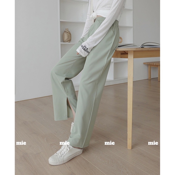 微光泽西装料侧边开叉垂坠显瘦阔腿裤直筒长裤...