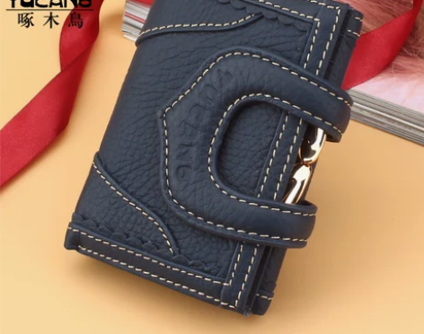 啄木鸟女士钱包女短款真皮钱包三折牛皮搭扣复...