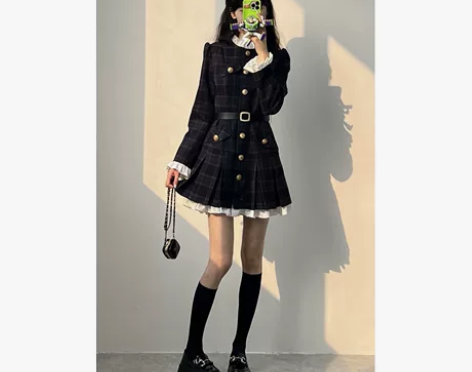 大码法式JK小香风长袖拼接连衣裙高级感甜美...