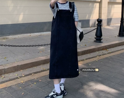酷盐系开叉牛仔背带裙女a字夏季薄款日系宽松...