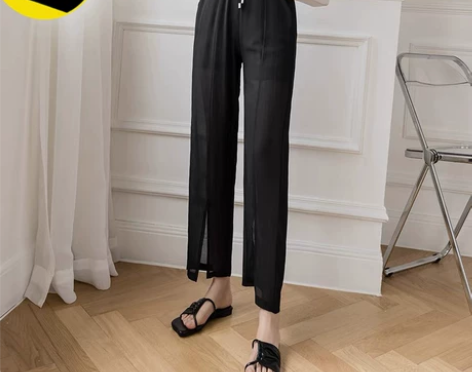 2022夏季新款开叉雪纺休闲裤女高腰小脚萝...