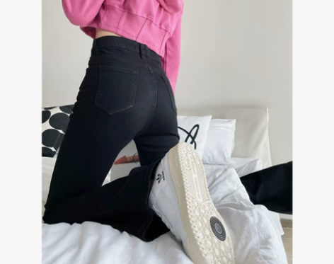 E3定制 黑色弹力修身微喇叭高腰牛仔裤女2...