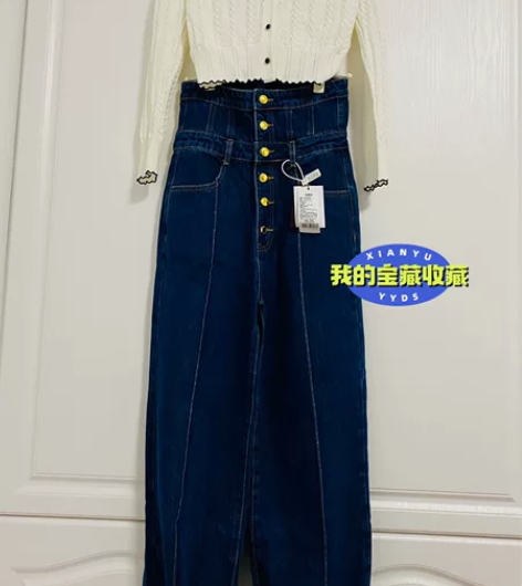 MONA家复古蓝色垂感高腰休闲牛仔裤 街拍...