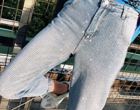 欧货满钻网红牛仔裤女宽松显瘦百搭春季高腰九...