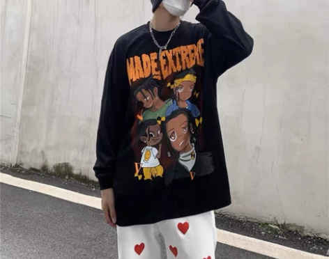 欧美高街宽松潮牌长袖嘻哈歌手动漫人物印花T...