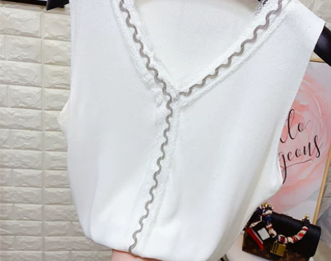 蕾丝花边拼接V领冰丝针织背心女装弹力无袖打...