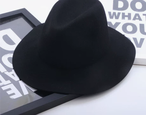 黑色英伦宽檐羊毛呢礼帽明星同款复古爵士帽波...