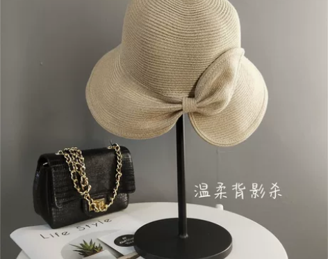 水洗草草帽可折叠蝴蝶结渔夫帽日本UV防晒遮...
