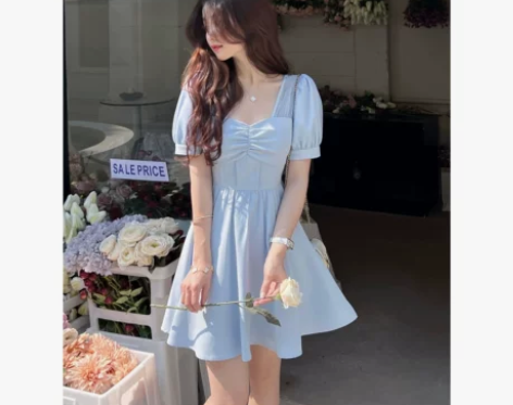 Q女家 初恋白月光/蓝色网纱拼接连衣裙夏季...