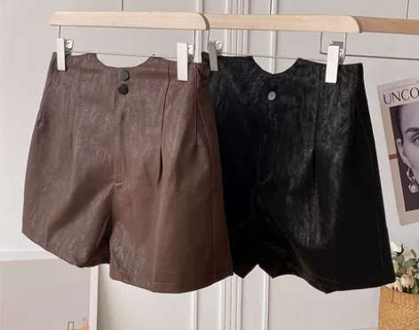 韩版直筒休闲裤女设计感韩版气质皮短裤时尚休...