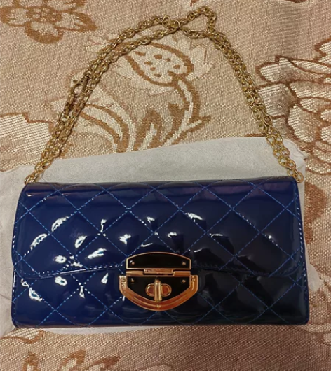 女士链条/手拿包，蓝色，亮面革 25*12...