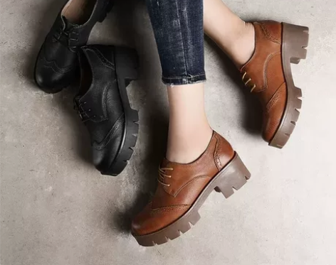 青婉田英伦鞋女真皮厚底鞋女松糕底中跟单鞋布...