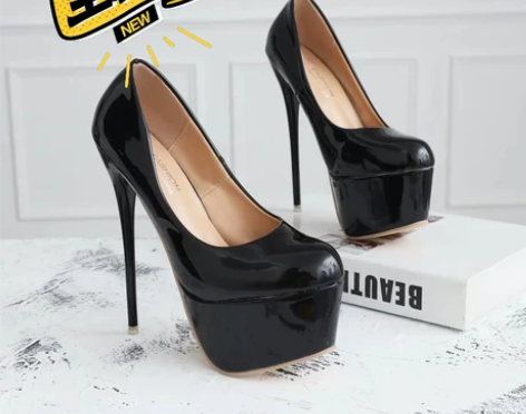 大码防水台超高跟鞋细跟黑17cm厘米cos...