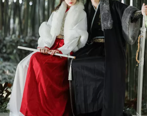 斜塘衣庄黑白夜煞汉服女披袄裘衣毛领斗篷交领...