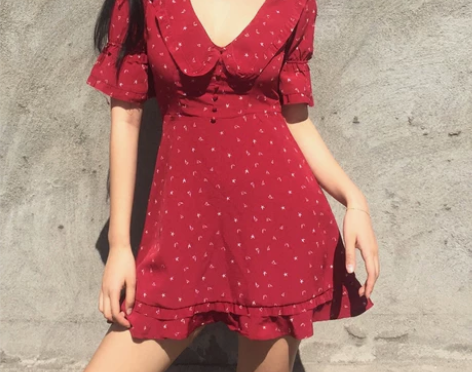 包邮法式少女红色小水手印花海军领收腰显瘦高...